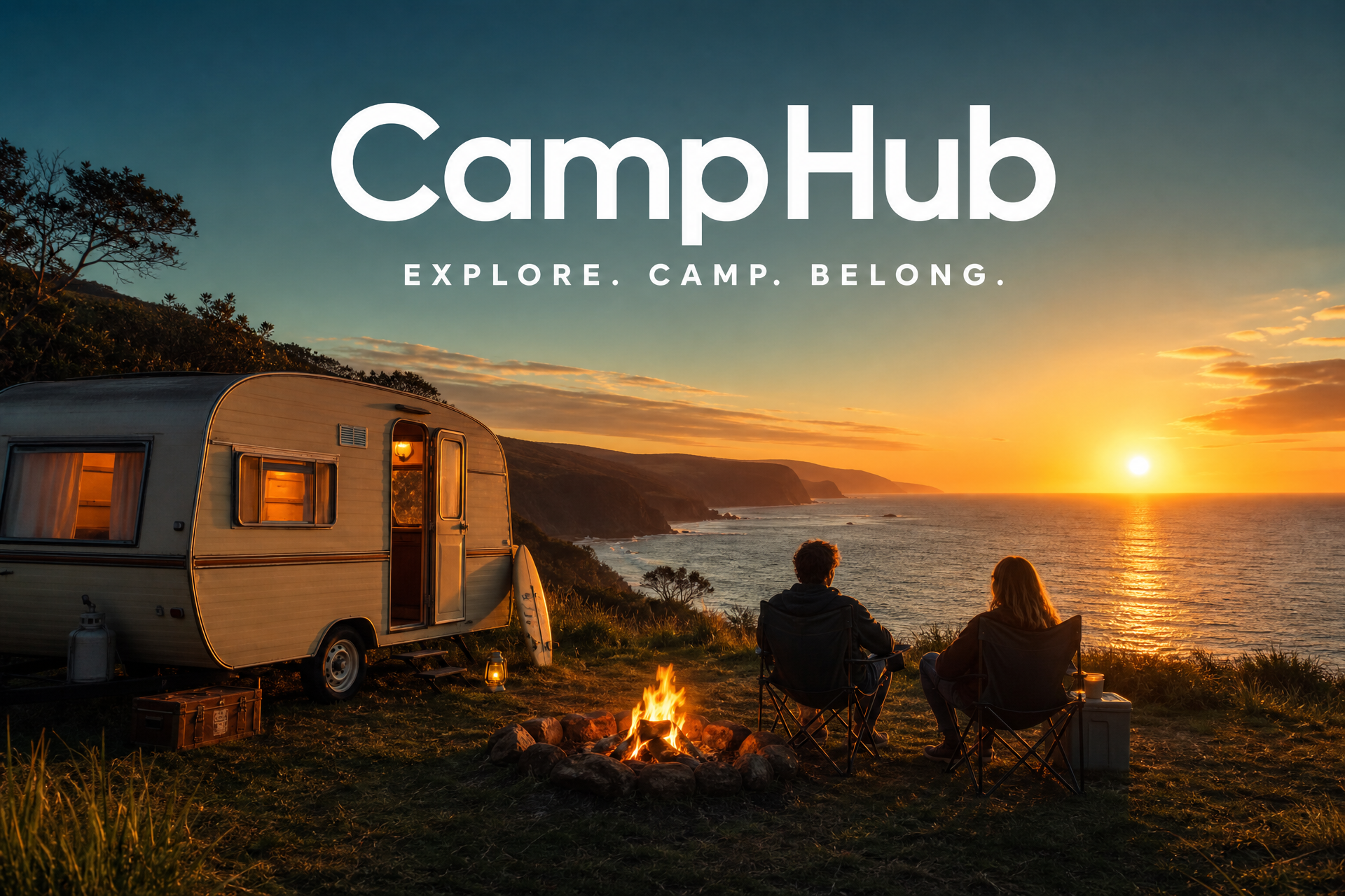 CampHub Explore. Camp. Belong. Caravan and campfire on a coastal headland at dusk