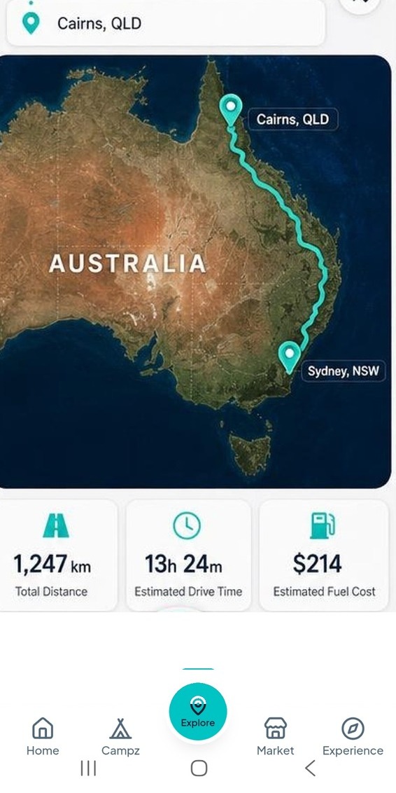 CampHub app trip planner screen showing a Sydney to Cairns route with distance, drive time and estimated fuel cost.